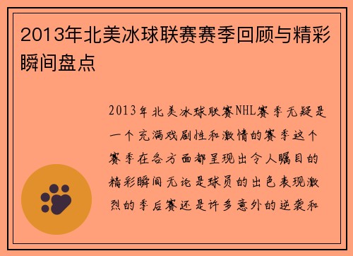 2013年北美冰球联赛赛季回顾与精彩瞬间盘点