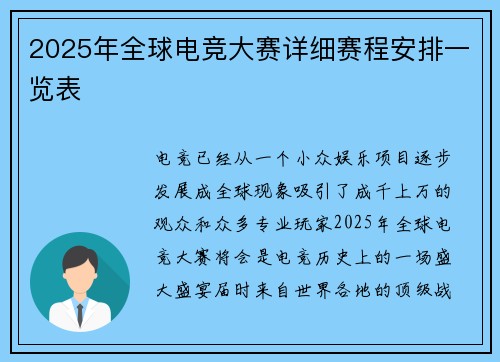 2025年全球电竞大赛详细赛程安排一览表